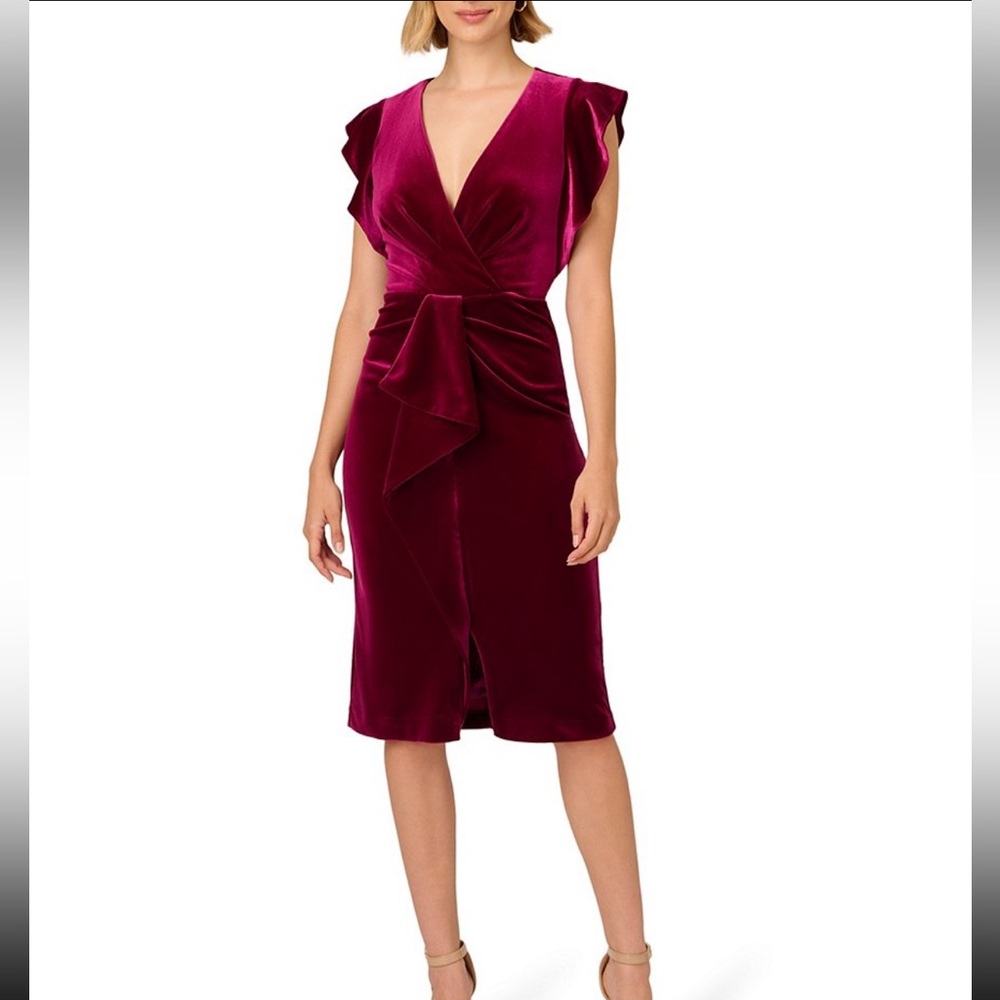 Adrianna Papell Wine Ruffled Tie Front Sheath Dress